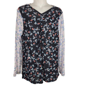 LOGO Layers by Lori Goldstein Womens Printed Mesh Ruched Top Size Medium Black